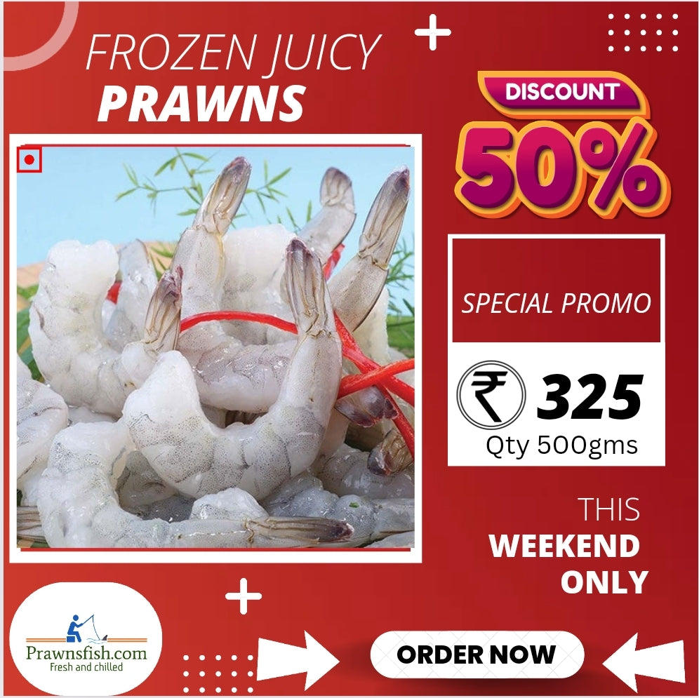 Frozen juicy prawns medium size Qty Gross weight(500gm)